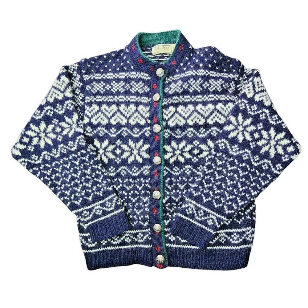 LL Bean Vintage Kids Medium 10-12 Wool Fair Isle Cardigan Sweater Navy Blue USA